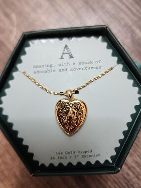 a new day Solid Gold Heart Necklace with Embossed Floral Detail "A"